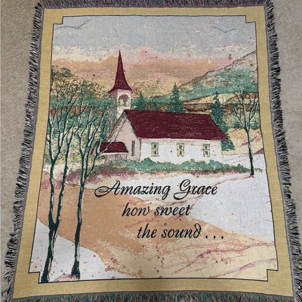 Scenic Tapestry Blanket with Country Church Design and Amazing Grace Lyrics